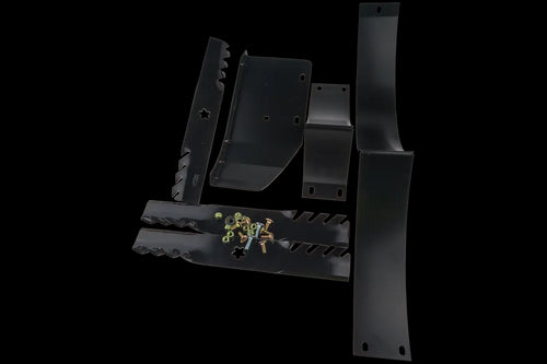 A Husqvarna 48" Mulching Kit - suitable for Z248F/RZ/EZ Fabricated Deck & TS/YT Series, featuring black metal components, including mounting brackets, screws, and bolts. Displayed on a white background, the parts are laid out disassembled to showcase their individual components and shapes.