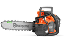 The Husqvarna T542i XP Battery Chainsaw (Skin Only) features an eye-catching orange and black body, a sturdy metal chain bar with the "Husqvarna" brand name displayed on it, a grip handle, and various adjustment controls against a transparent background.