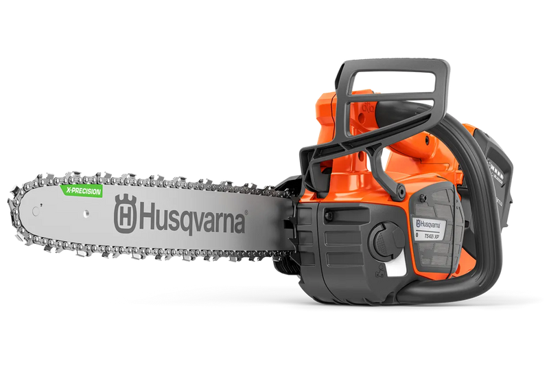 The Husqvarna T542i XP Battery Chainsaw (Skin Only) features an eye-catching orange and black body, a sturdy metal chain bar with the "Husqvarna" brand name displayed on it, a grip handle, and various adjustment controls against a transparent background.