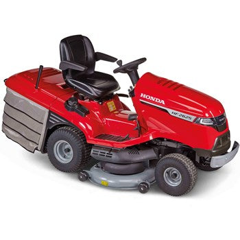 The Honda HF2625 Ride-on Mower by Honda Power Equipment features a red body with a black seat, steering wheel, and front control panel. It is equipped with a rear grass collection bag and large, rugged tires. The brand "Honda" and model details are prominently displayed on the side, and it boasts an Euro 5 compliant engine for top-tier efficiency.