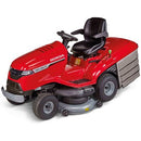 The Honda HF2625 Ride-on Mower by Honda Power Equipment features a red body with a black seat, steering wheel, and front control panel. It is equipped with a rear grass collection bag and large, rugged tires. The brand "Honda" and model details are prominently displayed on the side, and it boasts an Euro 5 compliant engine for top-tier efficiency.