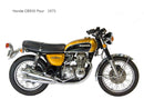The image features parts of the Ventura EVO-12 Bike-Pack Kit for the Honda CB 500 Four (71 >): a sleek, black pack with zipper, anchored by the versatile Adjustable Pack-Rack. Also shown is an EVO-RACK, a sturdy rear frame for the motorcycle, and a black L-bracket with screws for assembly.