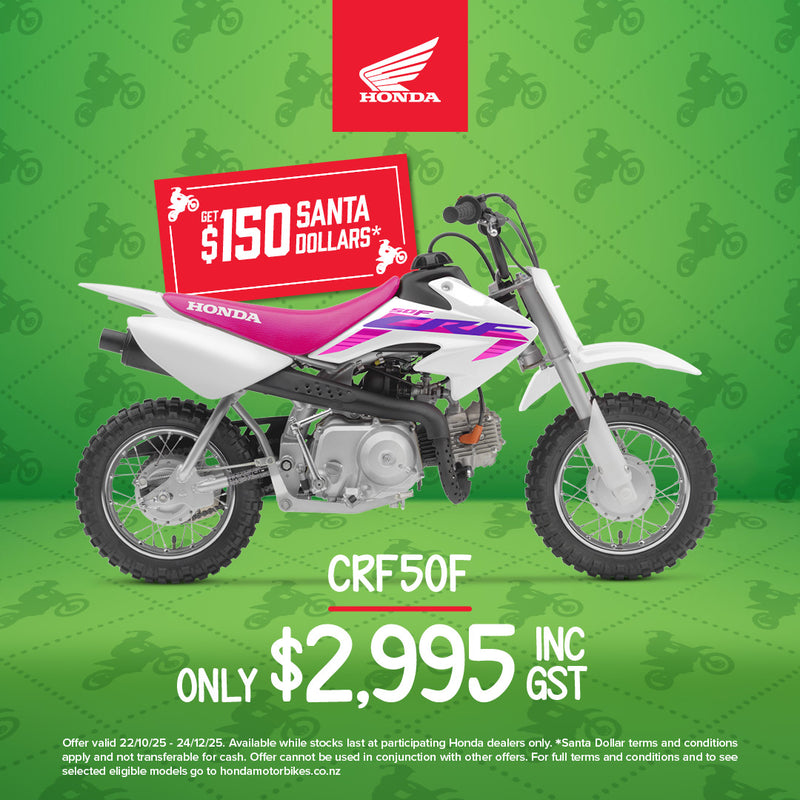 A Honda CRF50F Pink/White kids bike with a white frame, a pink seat, and purple graphics on the side. This model features thick, knobby tires suitable for off-road riding, handlebars equipped with hand guards, and a small, compact size perfect for young riders.