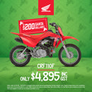 The Honda CRF110F dirt bike by Honda is displayed in a side profile view, showcasing its red body with blue and white accents. It comes with knobby tires, a black seat, and a compact design equipped with Keihin electronic fuel injection and clutch-less transmission, making it ideal for off-road riding.