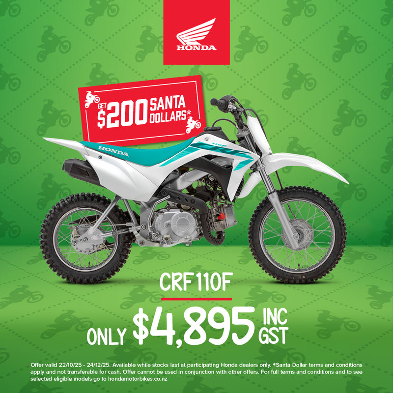 A Honda CRF110F White/Aqua shown in a side view. The bike features knobby tires, a compact frame, and is designed for off-road usage, perfect for navigating through gardens and lawns.