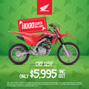 Promotional image for the Honda CRF125F & FB with a $500 discount, featuring a motocross rider performing a trick and the text "Get the next champ started. Score a Jett Pack." Includes an offer for a free Jett Lawrence 2024 sticker kit worth $175 with purchase. Ride like an AMA SX Championship star!