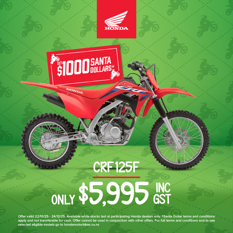 Promotional image for the Honda CRF125F & FB with a $500 discount, featuring a motocross rider performing a trick and the text "Get the next champ started. Score a Jett Pack." Includes an offer for a free Jett Lawrence 2024 sticker kit worth $175 with purchase. Ride like an AMA SX Championship star!