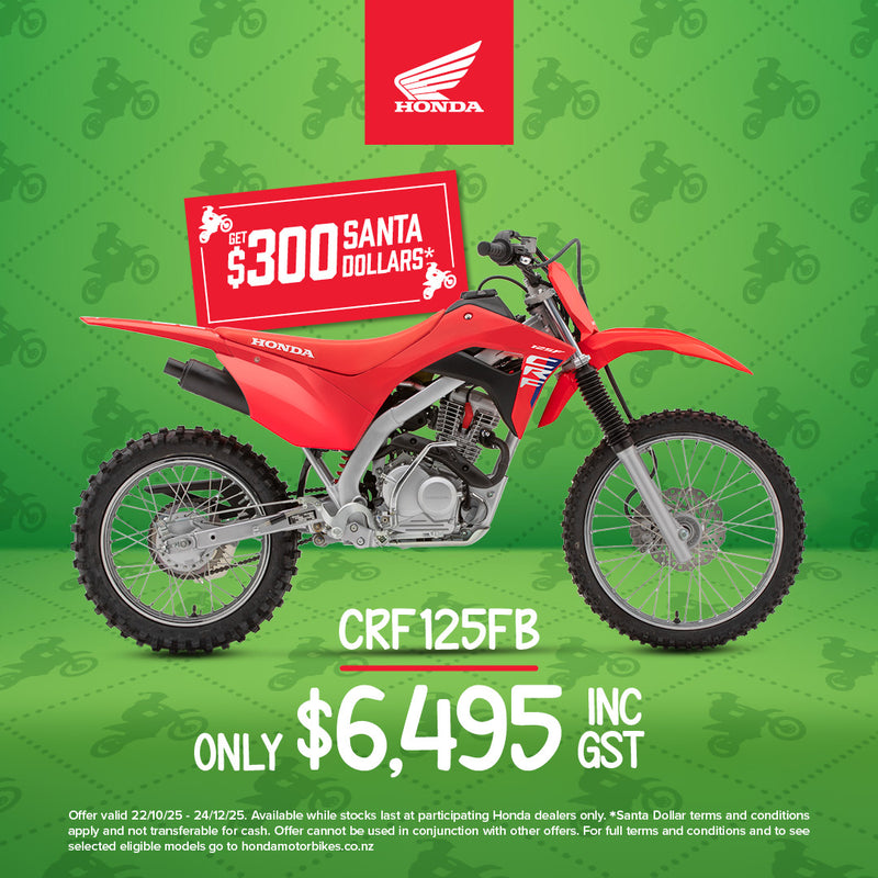 Promotional image for the Honda CRF125F & FB with a $500 discount, featuring a motocross rider performing a trick and the text "Get the next champ started. Score a Jett Pack." Includes an offer for a free Jett Lawrence 2024 sticker kit worth $175 with purchase. Ride like an AMA SX Championship star!