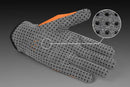 A pair of Husqvarna Gloves - Functional Light Vent is showcased against a dark background. These gloves, produced by Husqvarna, feature a gray design with small, evenly spaced black dots on breathable synthetic leather and an orange detail on the side. A close-up insert highlights the texture and design of these dotted gardening gloves.