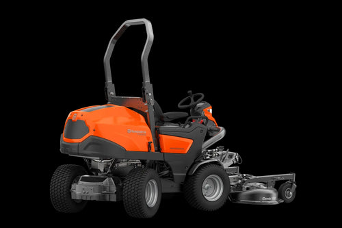 A large, orange and black Husqvarna P 525DX Rider Mower with a high seat, roll bar, and dual front cutting blades. This high-capacity diesel-powered front mower features a steering wheel, pedals, and a robust design with sturdy, high-grip tires for efficient lawn maintenance.