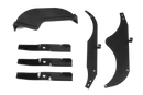 Several black automotive parts are arranged on a white background. The parts include blade-like components, curved sections, and rectangular pieces with holes or cutouts for fitting. The design suggests these could be from the Husqvarna 54" Mulching Kit, specifically designed for the ClearCut Deck.