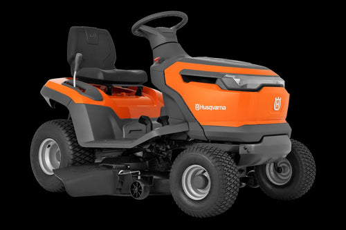 The Husqvarna Battery TS 100i Tractor, in orange with a black seat and steering wheel, offers ergonomic comfort and features robust wheels with visible blade housing. The brand logo is prominently displayed on the side, ensuring efficient mowing with every use.