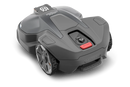 The Husqvarna Automower 430X NERA is a sleek, grey robotic lawn mower featuring two large wheels at the rear and two smaller wheels at the front. It boasts a red stop button on top, LED headlights, and proudly displays the Husqvarna logo on the front. With its modern design, this mower is equipped with object avoidance technology and can be conveniently controlled via the Automower Connect app.