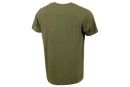 The Husqvarna Xplorer T-Shirt Short Sleeve - Tree Ring Crown is an olive-green, short-sleeve sustainable t-shirt crafted from organic cotton and recycled polyester. It showcases a distressed black graphic design with a stylized shield and a capital "H" in the center on the front. The shirt features a crew neck and has an unwrinkled appearance.