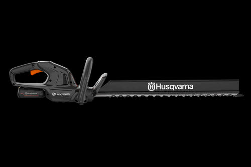 This image features a Husqvarna Aspire™ H50 Hedge Trimmer (Kit) with an 18V battery, perfect for outdoor tasks. The trimmer has an ergonomic black handle with orange accents, a long cutting blade, and is part of the "Power for All" Alliance.