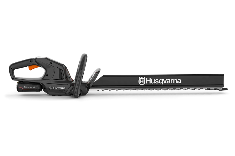 This image features a Husqvarna Aspire™ H50 Hedge Trimmer (Kit) with an 18V battery, perfect for outdoor tasks. The trimmer has an ergonomic black handle with orange accents, a long cutting blade, and is part of the "Power for All" Alliance.