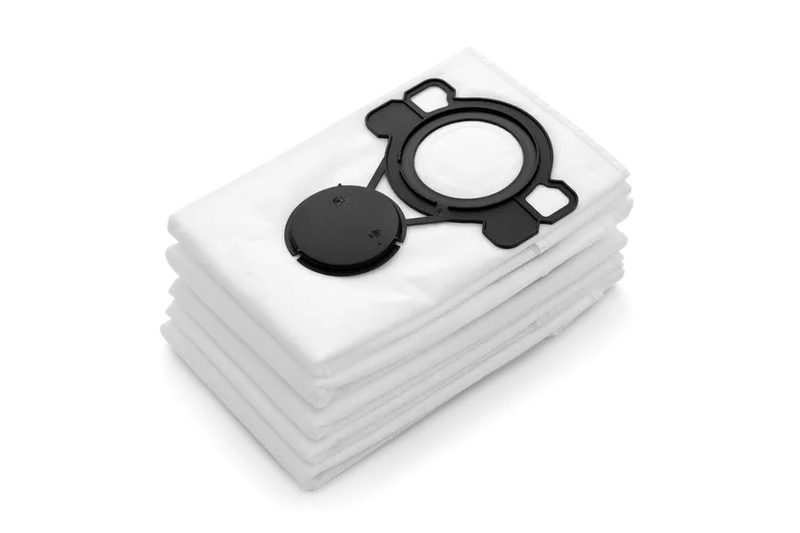 A stack of folded white Husqvarna filter bags, crafted from durable fleece material and topped with a black plastic adapter, sits against a solid white background. The adapter has a circular opening specifically designed to fit into a vacuum cleaner, making it ideal for collecting fine dust and debris.