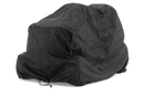 A black, crinkled Husqvarna Large Ride-on Cover made of water-resistant nylon completely drapes over an unknown object, obscuring its shape. The Husqvarna cover features an adjustable drawstring at the bottom to secure it tightly.