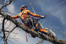 A close-up of the Husqvarna Climbing Rope 11.5 mm showcases its intricate, colorful design. The pattern features interwoven red, orange, black, and white strands that form a striking diagonal zigzag. Engineered for durability with minimal stretch, this climbing rope by Husqvarna stands out vividly against the solid black background.