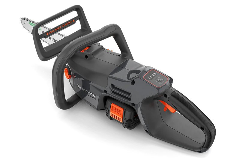 Introducing the Husqvarna Aspire™ Chainsaw 18V: a battery-powered tool ideal for DIY projects, featuring a sleek silver blade with "Husqvarna" branding, an ergonomic black body, and vibrant orange controls.