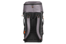 A versatile gray Husqvarna Gear backpack 70L with multiple pockets and orange accents, prominently displaying the Husqvarna logo on the front. A small green first aid symbol is near the bottom, making it ideal for climbing gear. The bag is set against a black background.