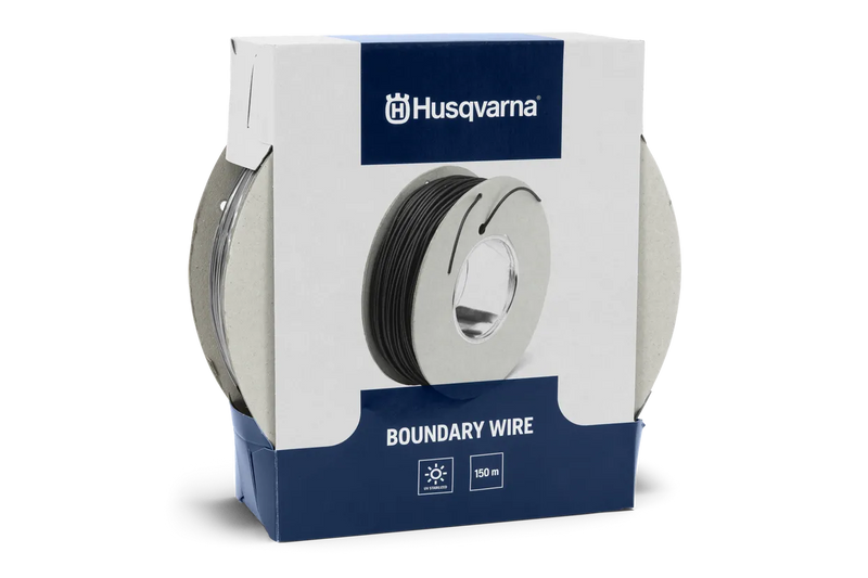 A Husqvarna Automower® Boundary Wire with a cardboard holder, akin to boundary wire installation for a Husqvarna Automower®. The boundary wire is neatly wound around the core, ready for installation. The holder features a cutout revealing the wire inside and two small threads sticking out, indicating the cable's end.