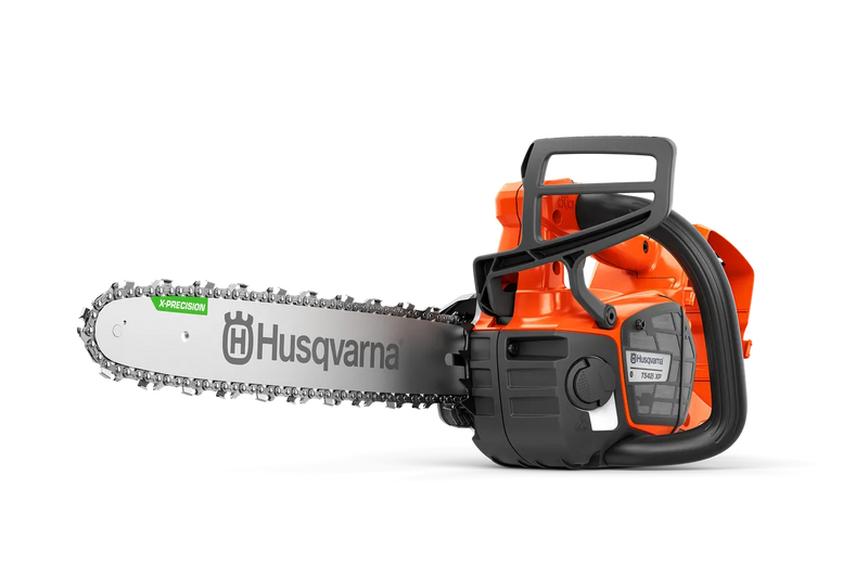 The Husqvarna T542i XP Battery Chainsaw (Skin Only) features an eye-catching orange and black body, a sturdy metal chain bar with the "Husqvarna" brand name displayed on it, a grip handle, and various adjustment controls against a transparent background.