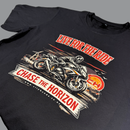 Black t-shirt with motorcycle graphic and text 'Live for the Ride, Chase the Horizon' on a gray background