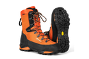 A pair of orange and black Husqvarna Protective leather boots with saw protection - Technical 24 with rugged soles. The boots feature red and black laces, a reinforced toe area, and detailed stitching. One boot stands upright while the other is tilted to show its tread pattern, making them perfect motorcycle accessories for adventurous rides.