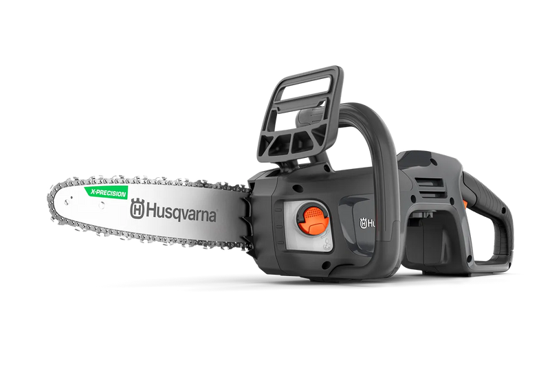 Introducing the Husqvarna Aspire™ Chainsaw 18V: a battery-powered tool ideal for DIY projects, featuring a sleek silver blade with "Husqvarna" branding, an ergonomic black body, and vibrant orange controls.