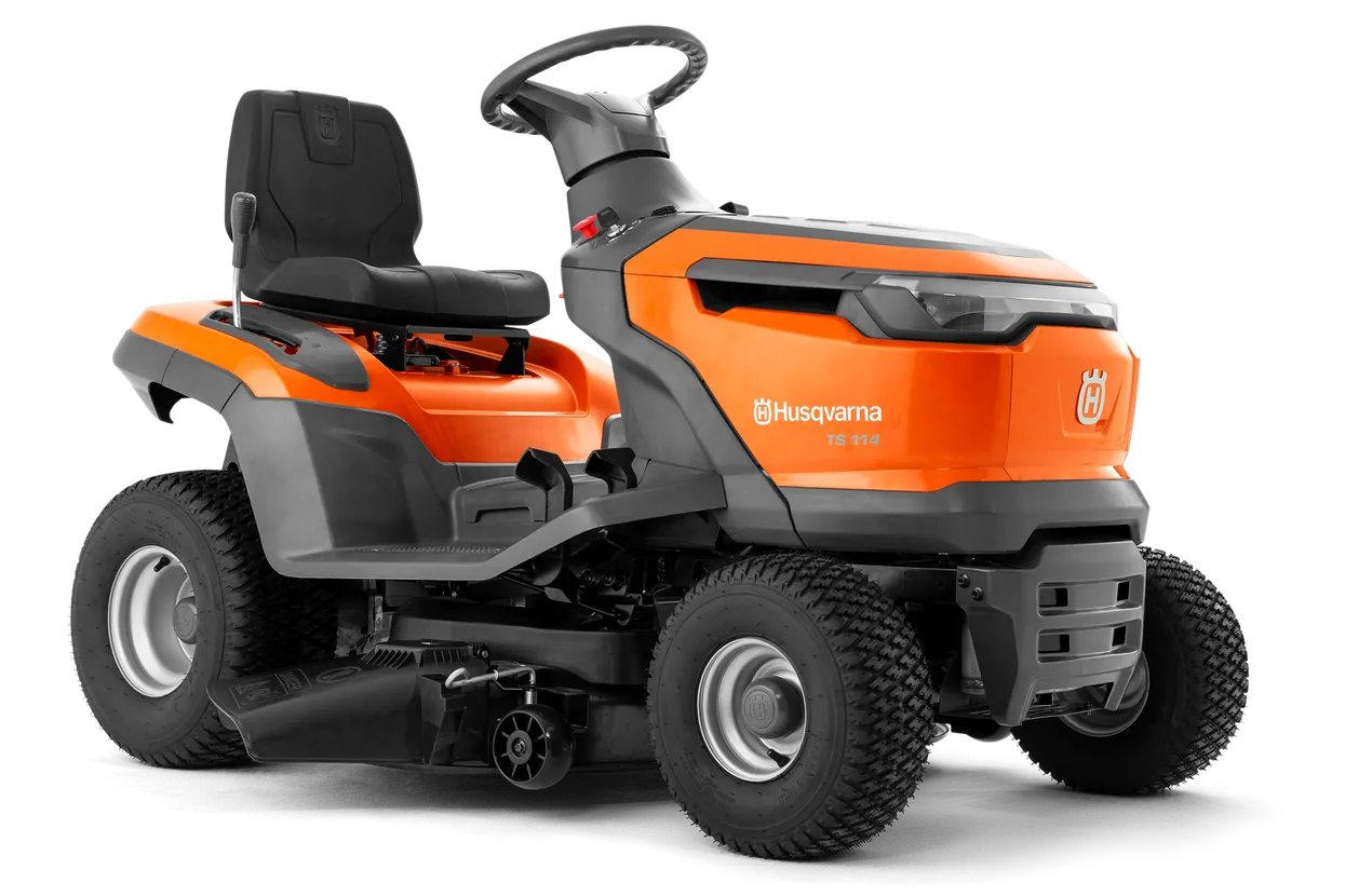 A bright orange Husqvarna TS 114 Lawn Tractor with black seating. This essential tool for maintaining beautiful lawns features large, sturdy wheels, a steering wheel, and various control mechanisms. The brand name and logo are prominently displayed on the front and side.