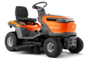 A bright orange Husqvarna TS 114 Lawn Tractor with black seating. This essential tool for maintaining beautiful lawns features large, sturdy wheels, a steering wheel, and various control mechanisms. The brand name and logo are prominently displayed on the front and side.