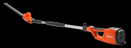 An orange and silver Husqvarna 120iTK4-H Hedge Trimmer (Skin Only) with an extended pole, designed for reaching tall and hard-to-access hedges. Perfect for maintaining lawns and outdoor spaces, the tool features a double-sided blade and ergonomic design for ease of use.