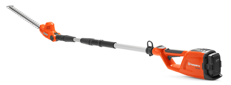 An orange and silver Husqvarna 120iTK4-H Hedge Trimmer (Skin Only) with an extended pole, designed for reaching tall and hard-to-access hedges. Perfect for maintaining lawns and outdoor spaces, the tool features a double-sided blade and ergonomic design for ease of use.