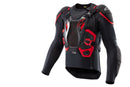 Introducing the Alpinestars Tech-Air Off Road System from Crown Kiwi Enterprises Limited: a black and red protective motorcycle jacket featuring padded armor, mesh ventilation, and buckle closures for optimal safety and comfort. Equipped with an innovative airbag system, this jacket offers superior off-road protection inspired by the demanding conditions of the Dakar Rally.