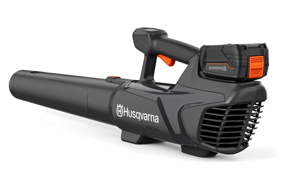 A black Husqvarna Aspire™ B8X Blower (Kit) handheld leaf blower with a prominent nozzle and ergonomic handle. This battery leaf blower is an 18V device featuring the 