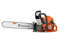 A side view of an orange and black Husqvarna 585 chainsaw with the brand name displayed on the X-Tough bar. This 90cc petrol Husqvarna chainsaw is equipped with a grey handle, suggesting it’s a gasoline-powered model. The background is solid black.