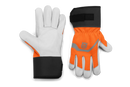 The Husqvarna Gloves - Classic by Husqvarna are shown against a white background. These durable gloves boast white goat leather palms, black cuffs, and bright orange backs adorned with a gray design and logo. They are designed to protect against mechanical hazards and feature adjustable Velcro straps at the wrists for a secure fit.