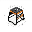 A white mini motorbike stand from Crown Kiwi Enterprises Limited, labeled as the "Mini A2 Stand White," features an aircraft-quality anti-rock design, a sturdy square platform, and angled legs for support.