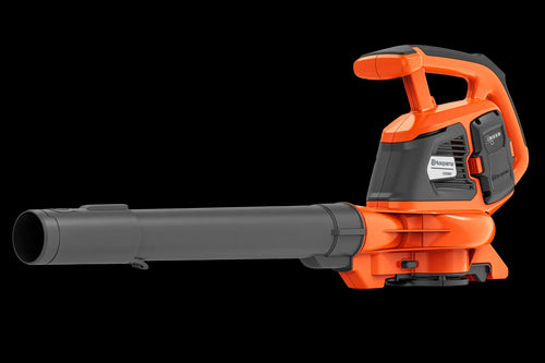 A Husqvarna 120iBV Blower/Vac (skin) with a large nozzle, perfect for your garden or forestry tasks. The blower features a top handle, operation buttons, and a wheel attachment at the base of the nozzle for easier maneuverability. Its modern design ensures efficient outdoor leaf clearing.