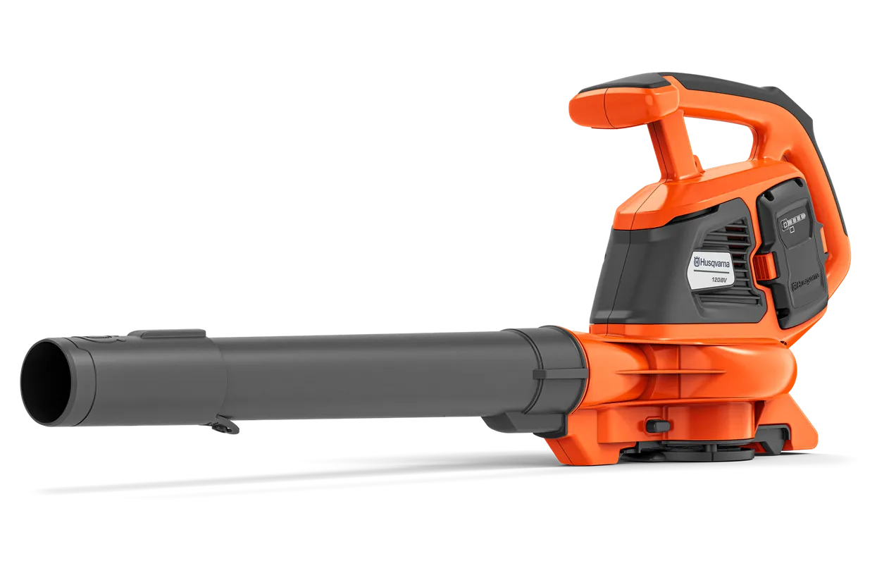 An orange and black Husqvarna 120iBV (kit) with a long nozzle, ergonomic handle, and built-in wheels is designed for easy maneuvering on lawns.