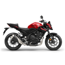 A Honda CB500 Hornet motorcycle in red and black, featuring a Twin-Cylinder Engine, prominent headlight, sporty tires, and angular lines, presents a sleek design against a plain white background.
