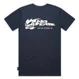 Black t-shirt with a graphic design of a person in a uniform surrounded by smoke and fire, with 'THREADS' text.