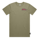 Khaki t-shirt with a logo on the chest against a white background