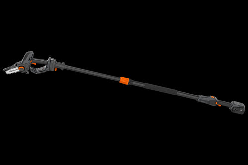 A black and orange, battery-powered telescopic pole saw with a small chainsaw attachment on the end, ideal for outdoor trimming tasks. The set includes a durable Husqvarna battery pack and a separate battery charger, all neatly arranged on a plain, white background. Perfect for maintaining lawns and gardens.