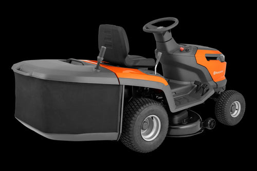 The Husqvarna Battery TC 100i Tractor in bright orange and black features a steering wheel, comfortable seat, efficient collecting system, and durable tires. It boasts sleek lines and a modern design for dynamic mowing.