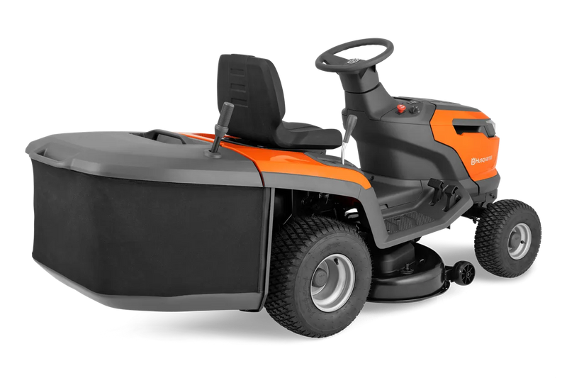 The Husqvarna Battery TC 100i Tractor in bright orange and black features a steering wheel, comfortable seat, efficient collecting system, and durable tires. It boasts sleek lines and a modern design for dynamic mowing.
