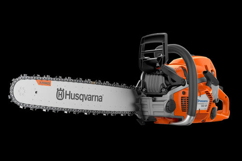 A HUSQVARNA 562XP-20 Chainsaw with an orange and gray body, ideal for forestry and gardens. The chainsaw features a long silver blade marked with "Husqvarna" and "X-Force." The machine has a sturdy handle and appears to be suited for heavy-duty cutting tasks.