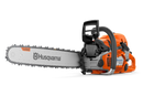 A HUSQVARNA 562XP-20 Chainsaw with an orange and gray body, ideal for forestry and gardens. The chainsaw features a long silver blade marked with "Husqvarna" and "X-Force." The machine has a sturdy handle and appears to be suited for heavy-duty cutting tasks.