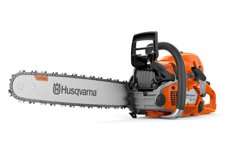 An orange and gray Husqvarna HUSQVARNA 562XP Chainsaw 20" with "X-TORQ" and "Husqvarna" written on the bar. The chainsaw features ergonomic handles, a sturdy design, and X-Torq engine technology, making it suitable for professional forestry work. The background is plain white.